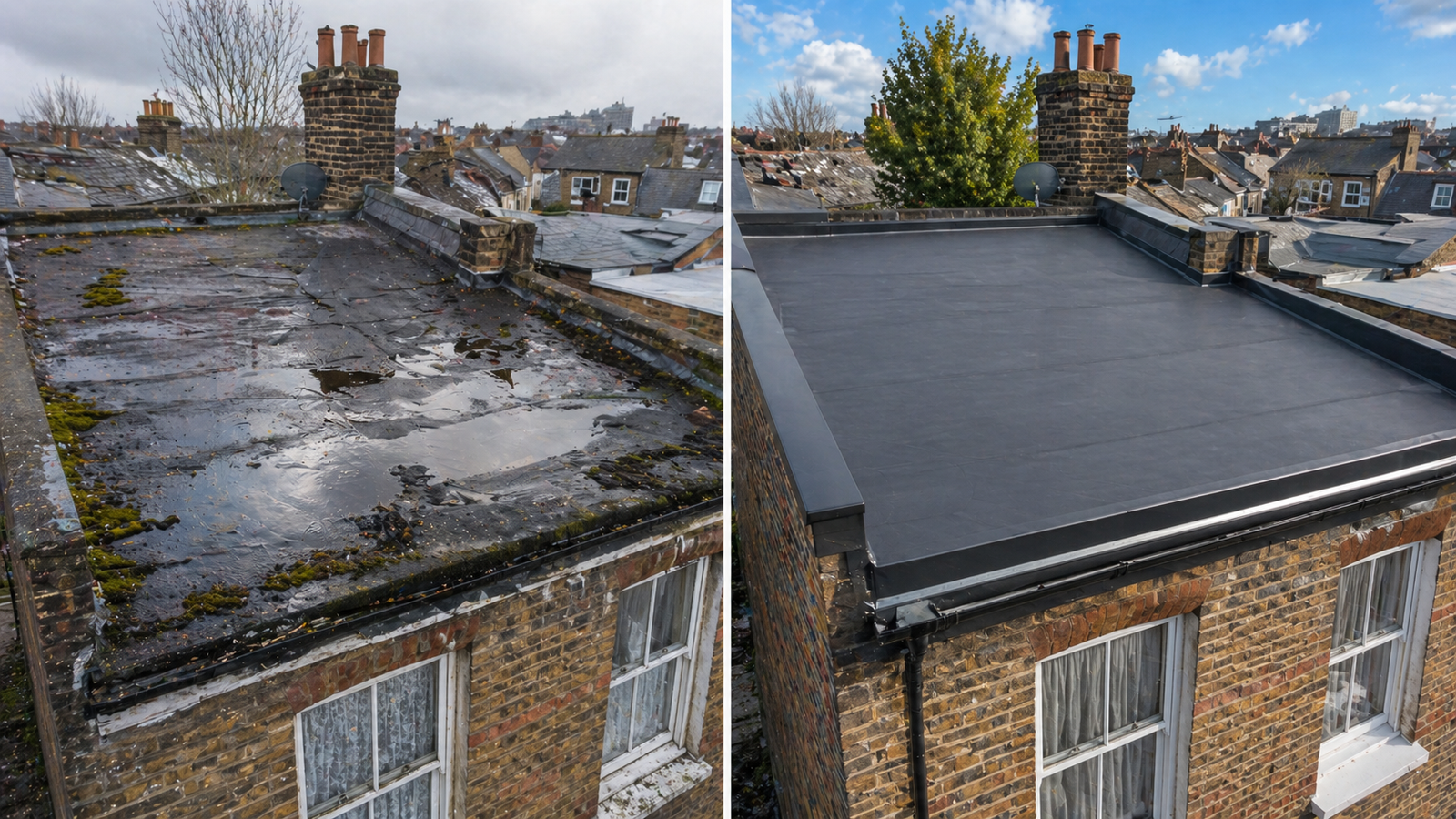 Before: old felt roof in Ealing