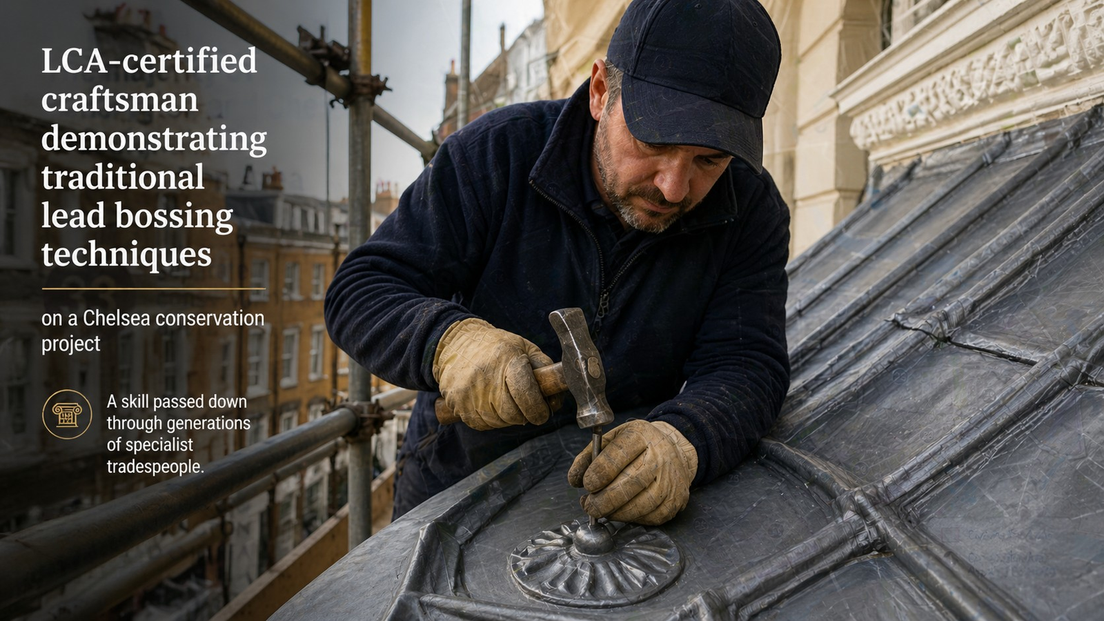 LCA-certified heritage craftsman demonstrating lead roofing Kensington Chelsea — traditional bossing technique applied to milled lead sheet on a Chelsea listed building conservation project