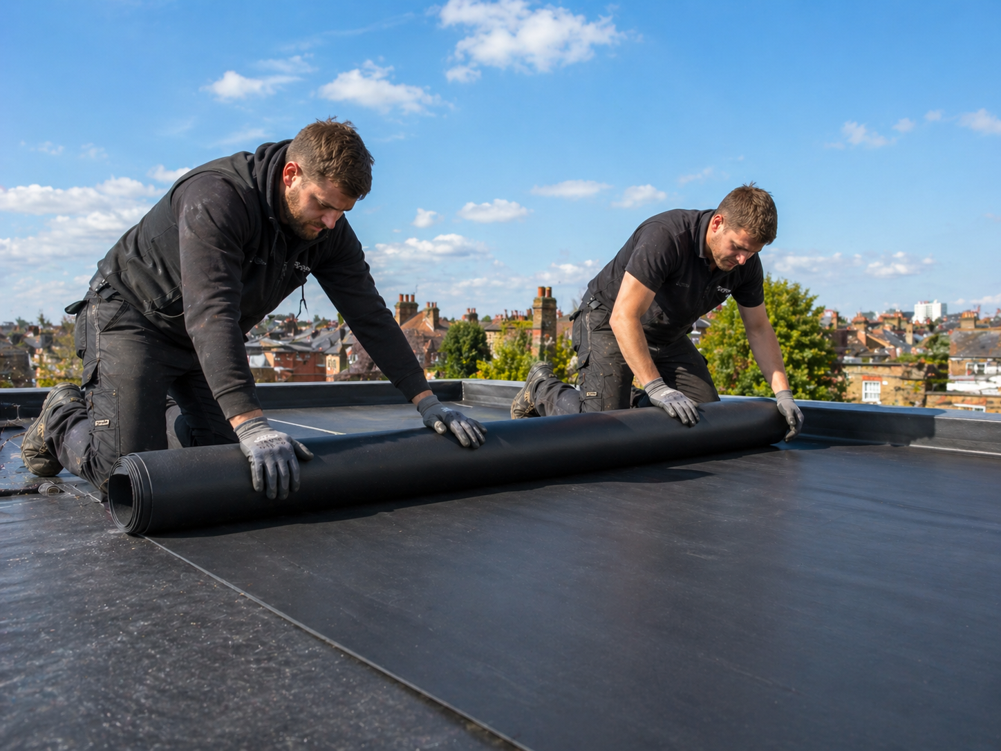 Step 3: Fitting the seamless EPDM rubber membrane onto the roof using low-VOC water-based adhesive in Ealing