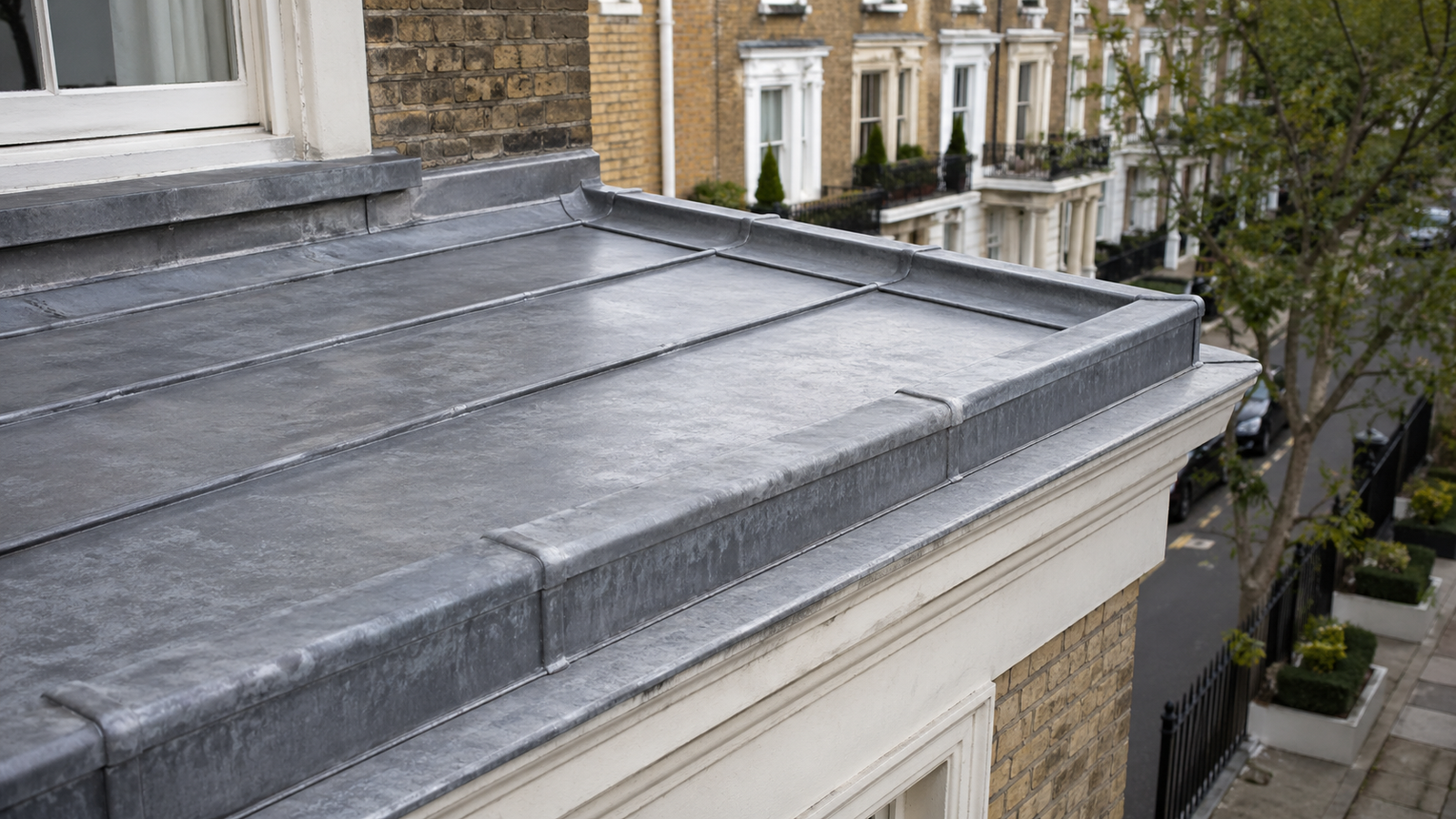 Lead roofing Kensington Chelsea — Grade II listed Georgian townhouse with expertly restored lead flat roof showing period-authentic rolled welted seams and patinated lead surface