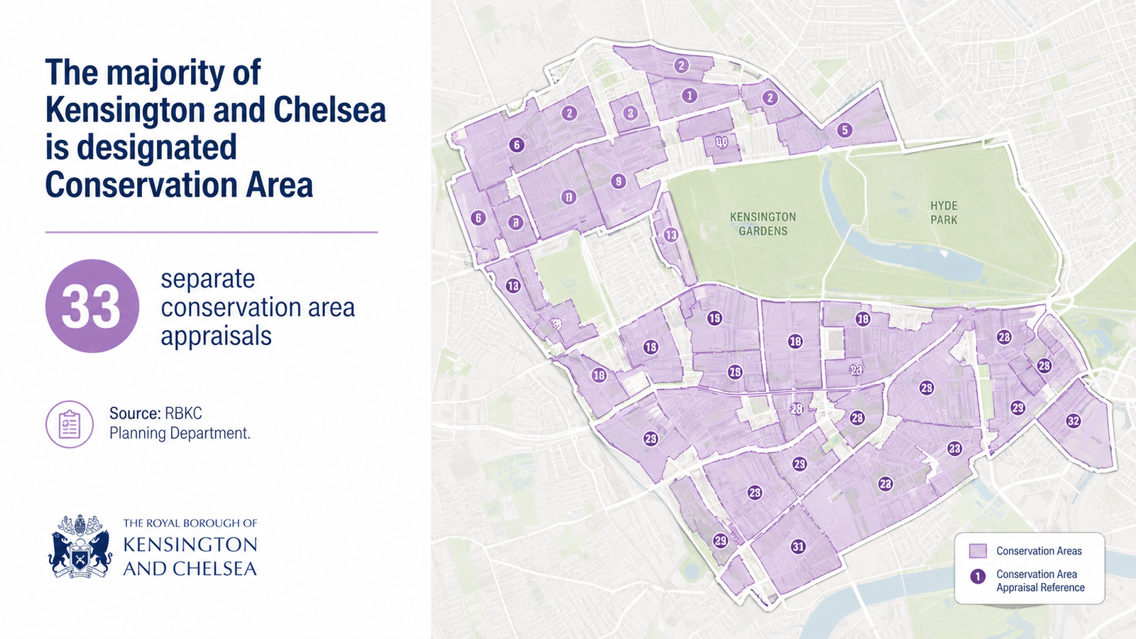 Lead roofing Kensington Chelsea conservation area map showing RBKC designated heritage zones including Ladbroke, Holland Park, Onslow and Chelsea conservation boundaries