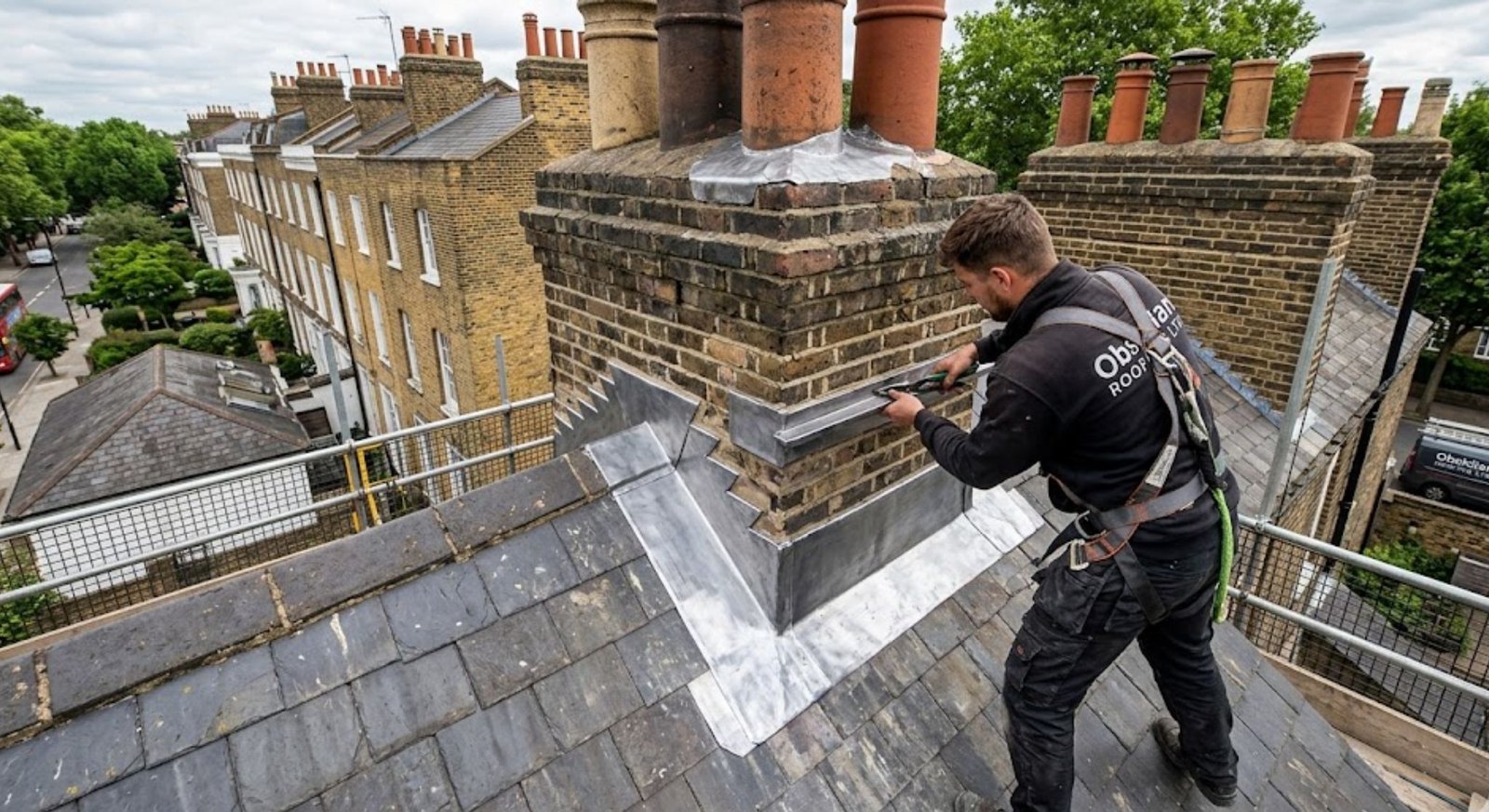Lead flashing detail on a period chimney