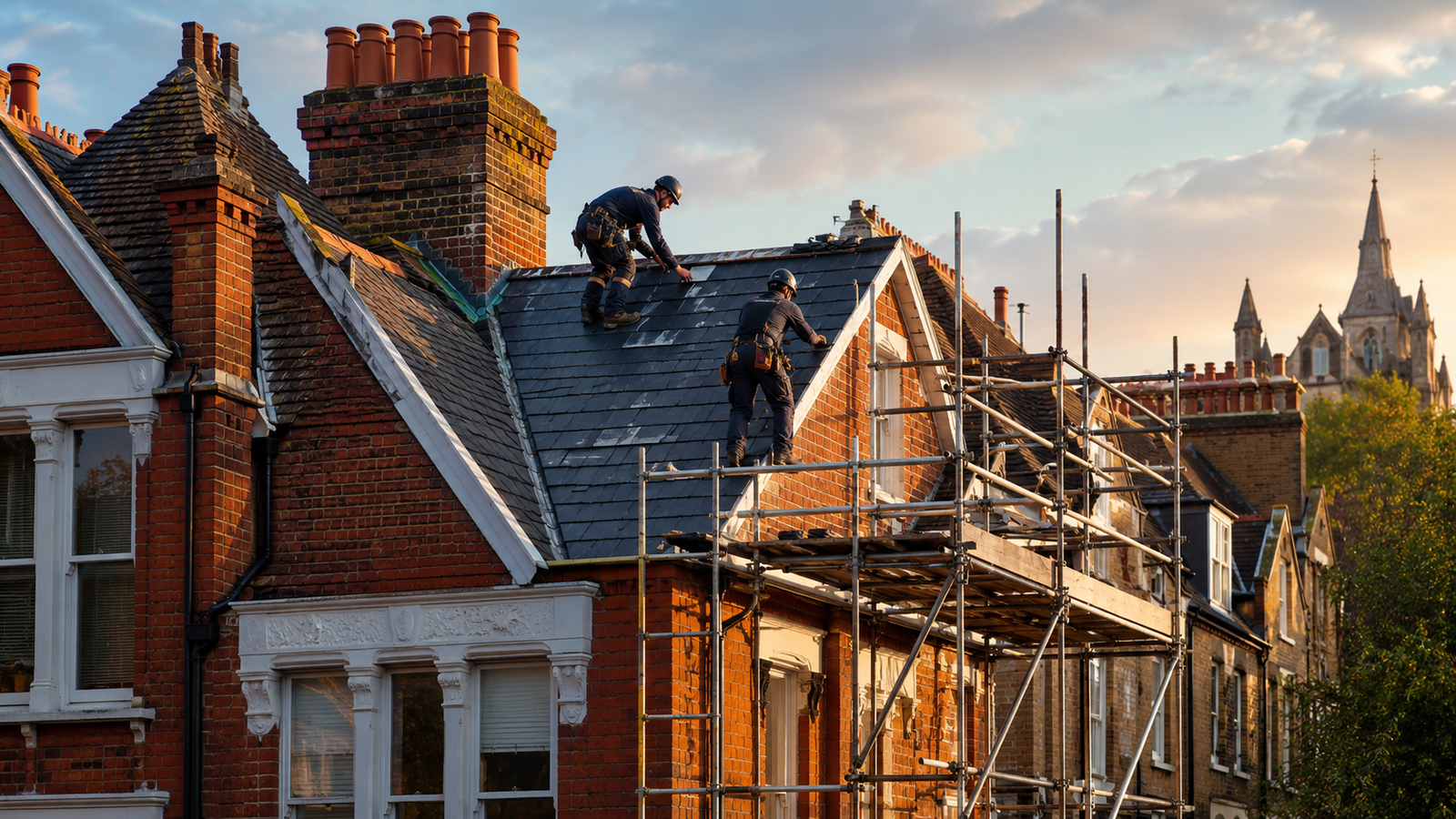 Professional roofing contractors working on a Victorian terrace roof in Hammersmith, installing natural Welsh slate tiles during golden hour