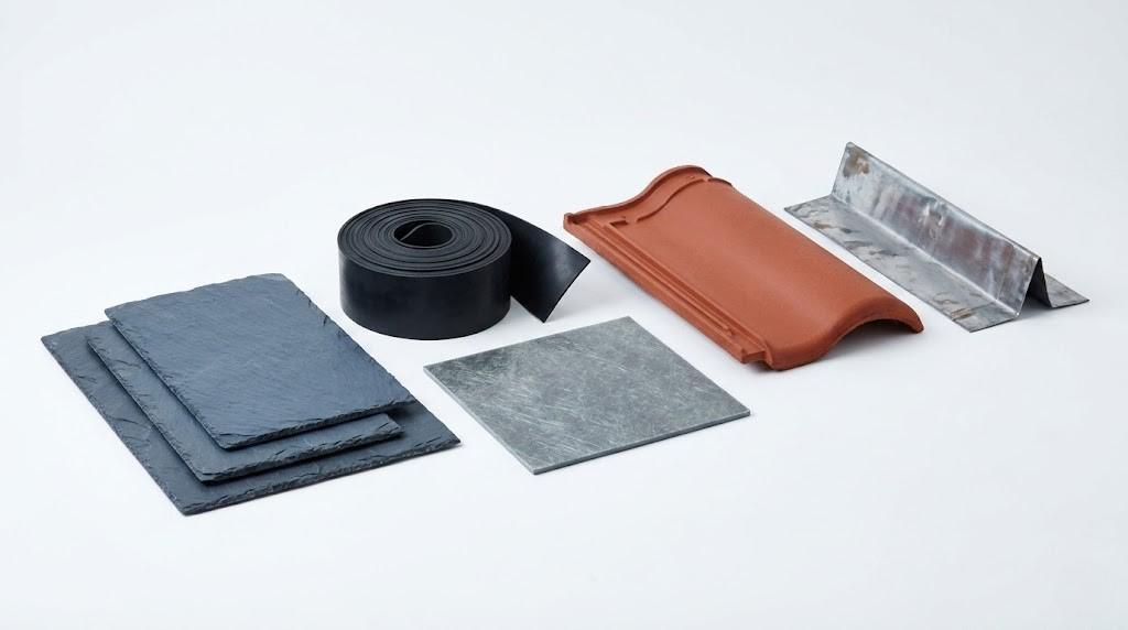 Premium roofing materials including Welsh slate, EPDM membrane, GRP fibreglass, and clay tiles arranged for display