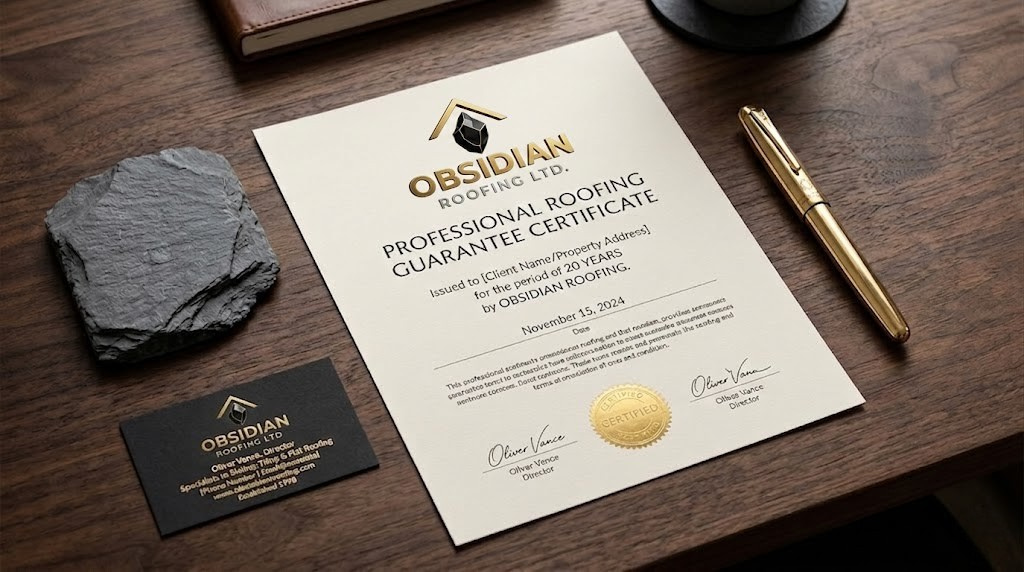 Obsidian Roofing 10-year workmanship guarantee certificate displayed on a premium walnut desk with a gold pen and Welsh slate sample