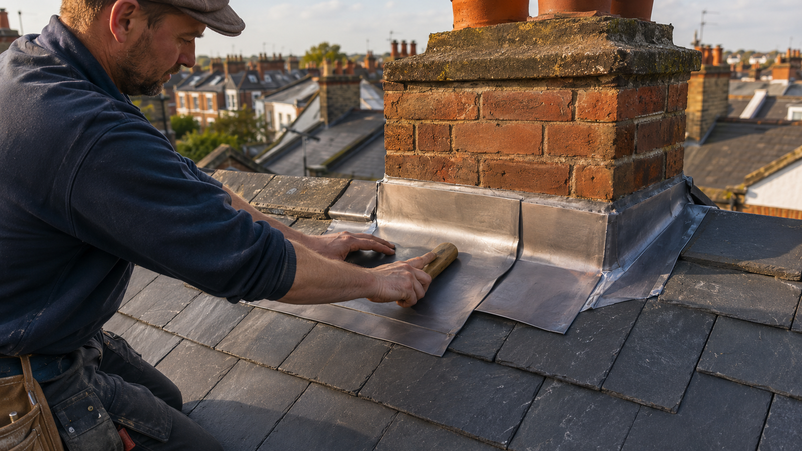 Skilled roofing Belsize Park craftsmen installing traditional Code 4 lead flashing around a Victorian chimney stack in NW3 using heritage bossing and dressing techniques.
