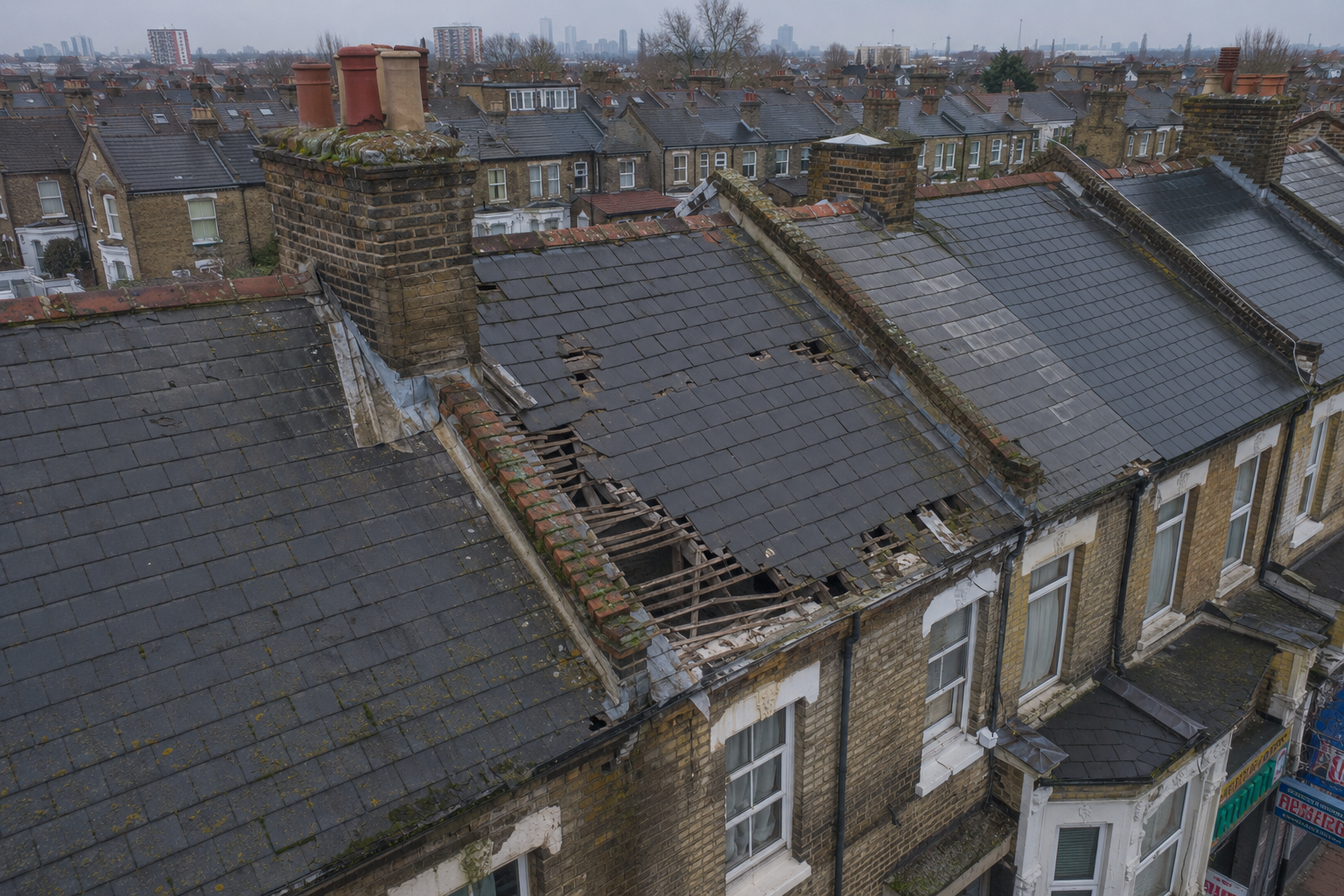 Before photo showing severely damaged roof on a Victorian terrace in East Ham, Newham — broken slate tiles, failed lead flashing, and missing ridge tiles prior to repair by Obsidian Roofing