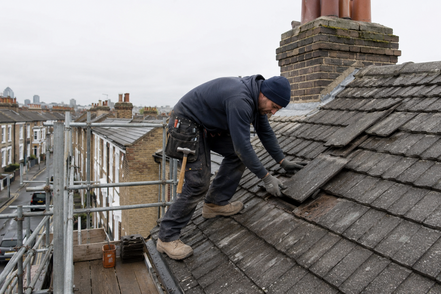 Professional Hackney roofing specialists working on a residential slate roof installation in the London E8 area, with expert roofers replacing tiles on a Victorian terraced house