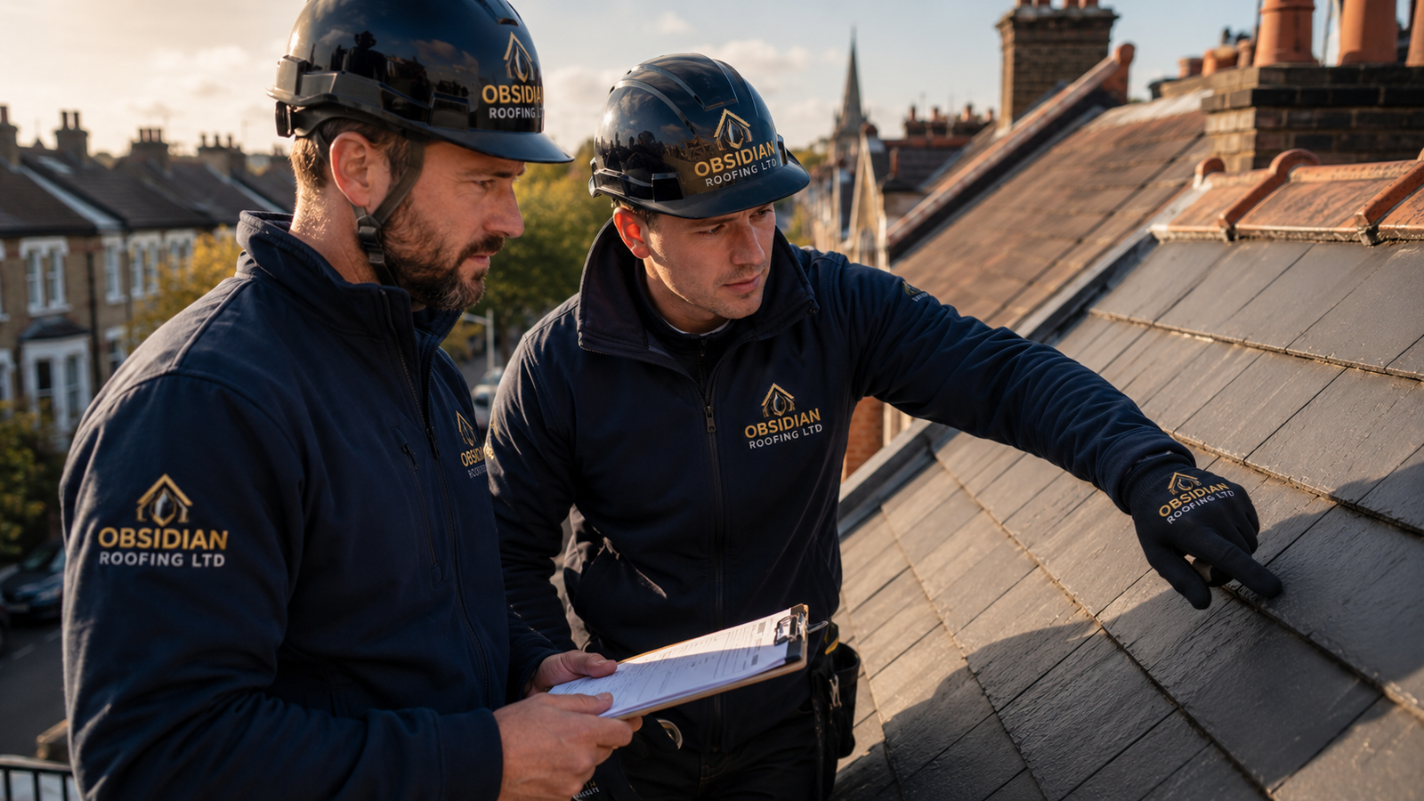 Obsidian Roofing's expert team inspecting a slate roof on a classic London Victorian property in Hammersmith